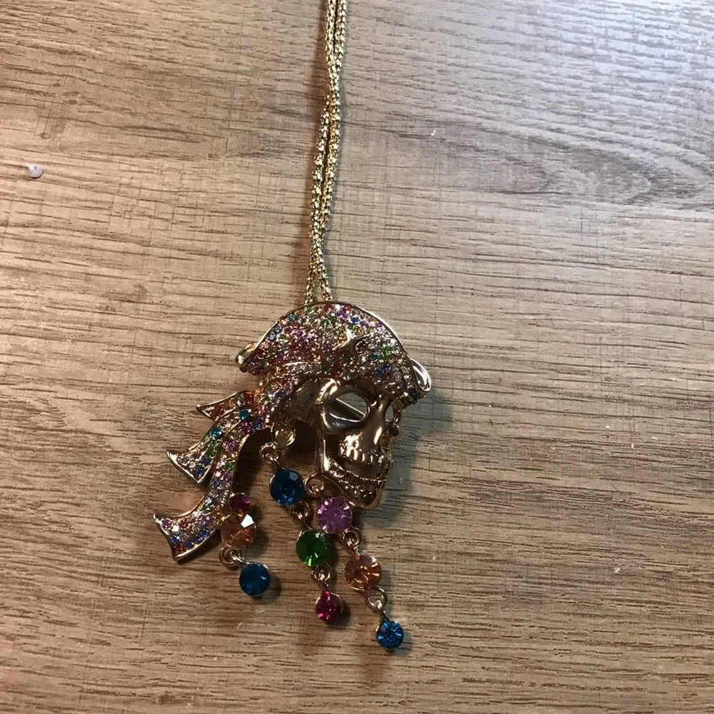 Betsy Johnson Gold Rhinestone Multicolor Crystal Pirate Skull Pendant Necklace